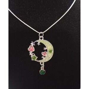 Pearlescent Green Crescent Moon Pendant With Emerald Green Charm On 18" Chain